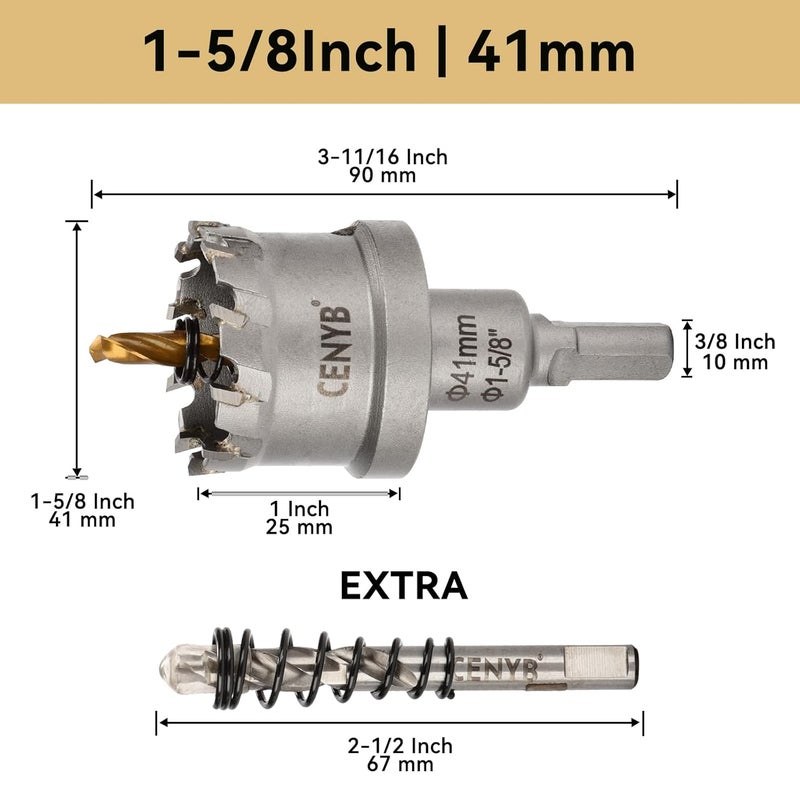 cenyb 1-5/8" (41mm) Tungsten Carbide Tipped Hole Saw with 2Pcs Titanium-Plated Pilot Drill Bits for Hard Metal,Stainless Steel,Iron,Aluminum Alloy,Wood and Plastic - Image 2